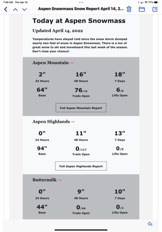 Today’s Aspen Mountain Snow Report! Happy Easter!! Image